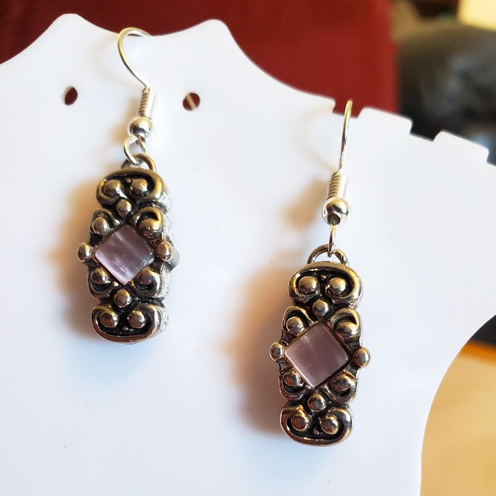 Silver Tone Hook Pink Purple Panel Dangle Earrings